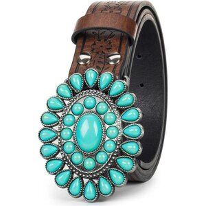 Western Turquoise Belt Embossed PU Leather Cowgirl Belt for Jeans Pants Dresses